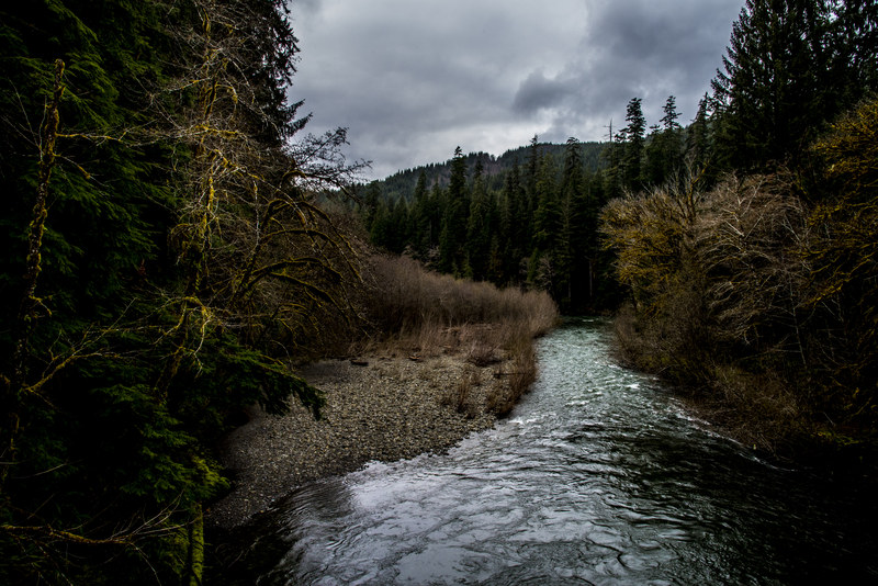 River winding through Olympic Peninsula forest under a dark overcast storm sky